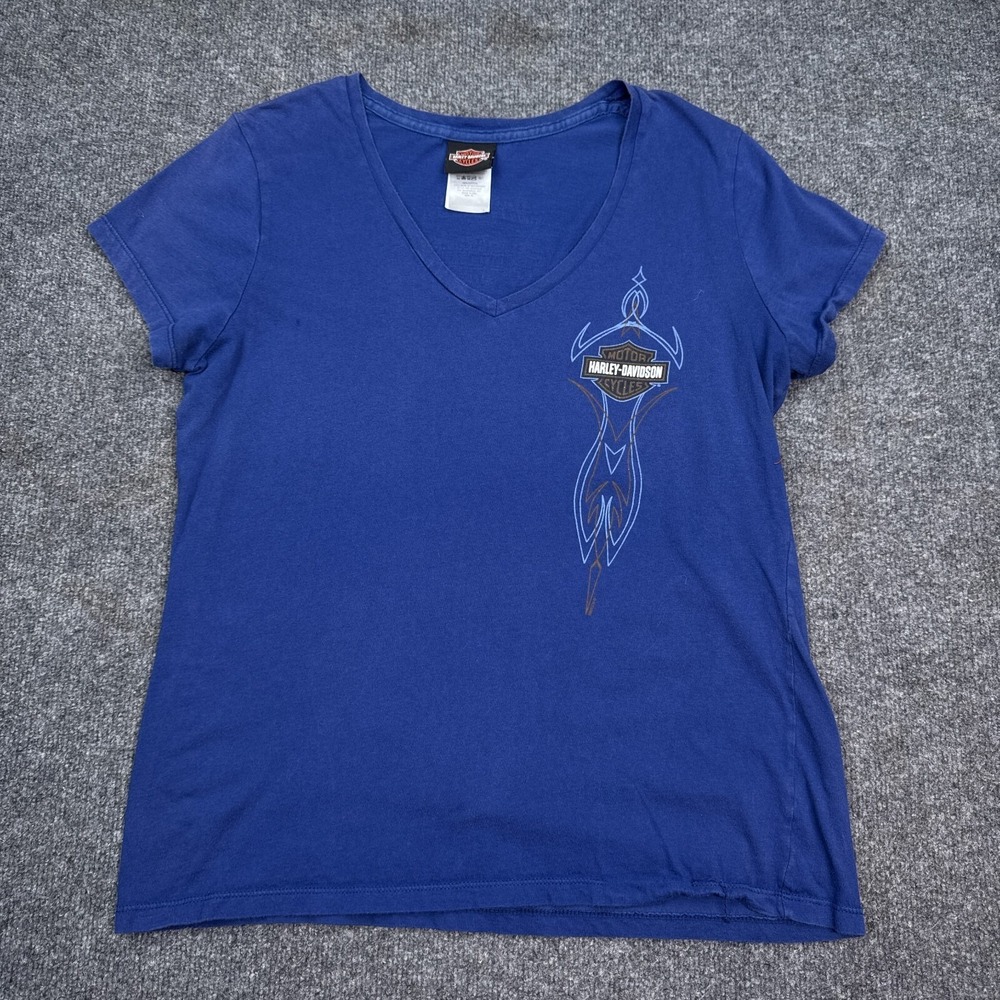 Harley Davidson Tee Shirt Top Womens Size XL Blue V Neck Double Sided Morotcycle
